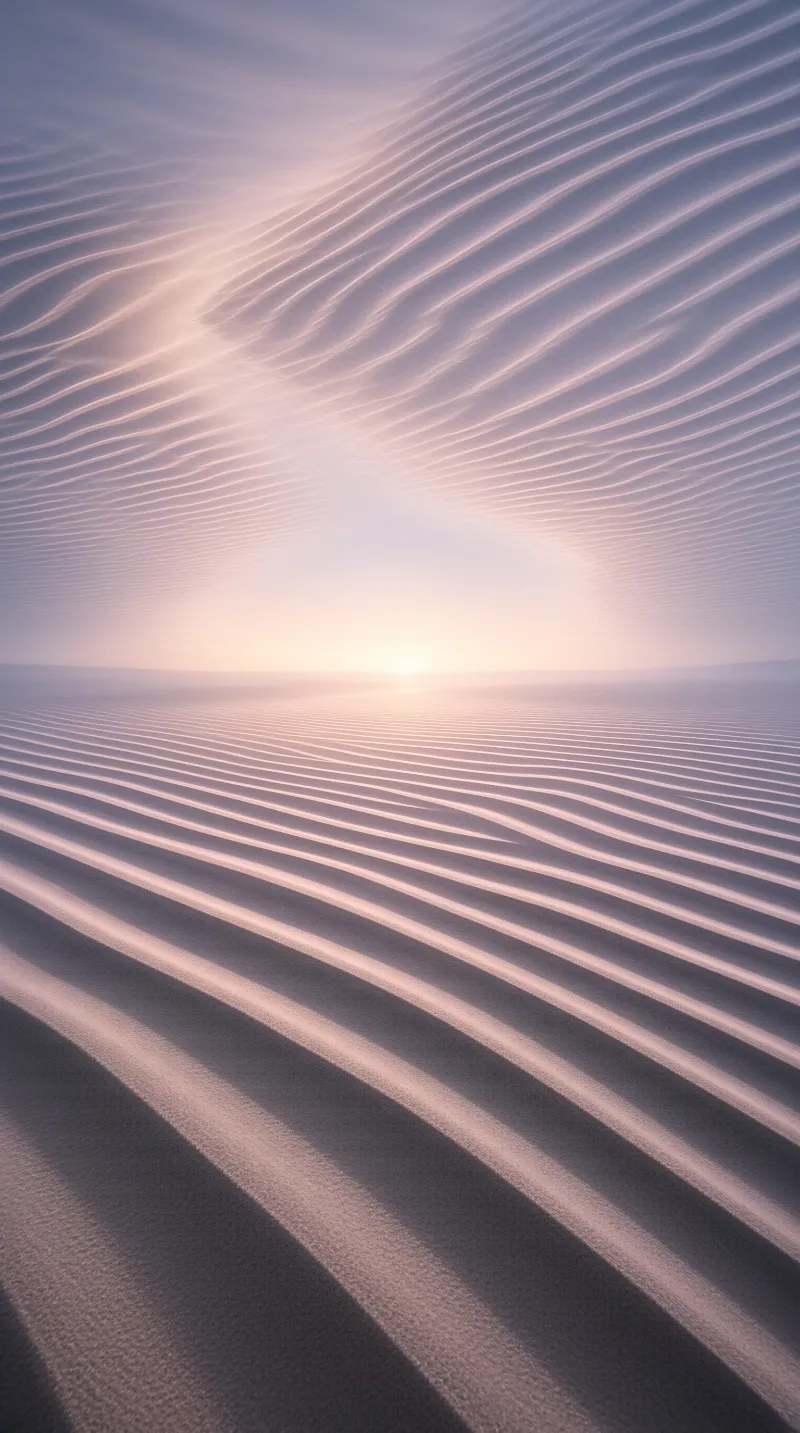 Wide shot of rippled desert sand leading to a glowing horizon under a gradient purple and pink sky