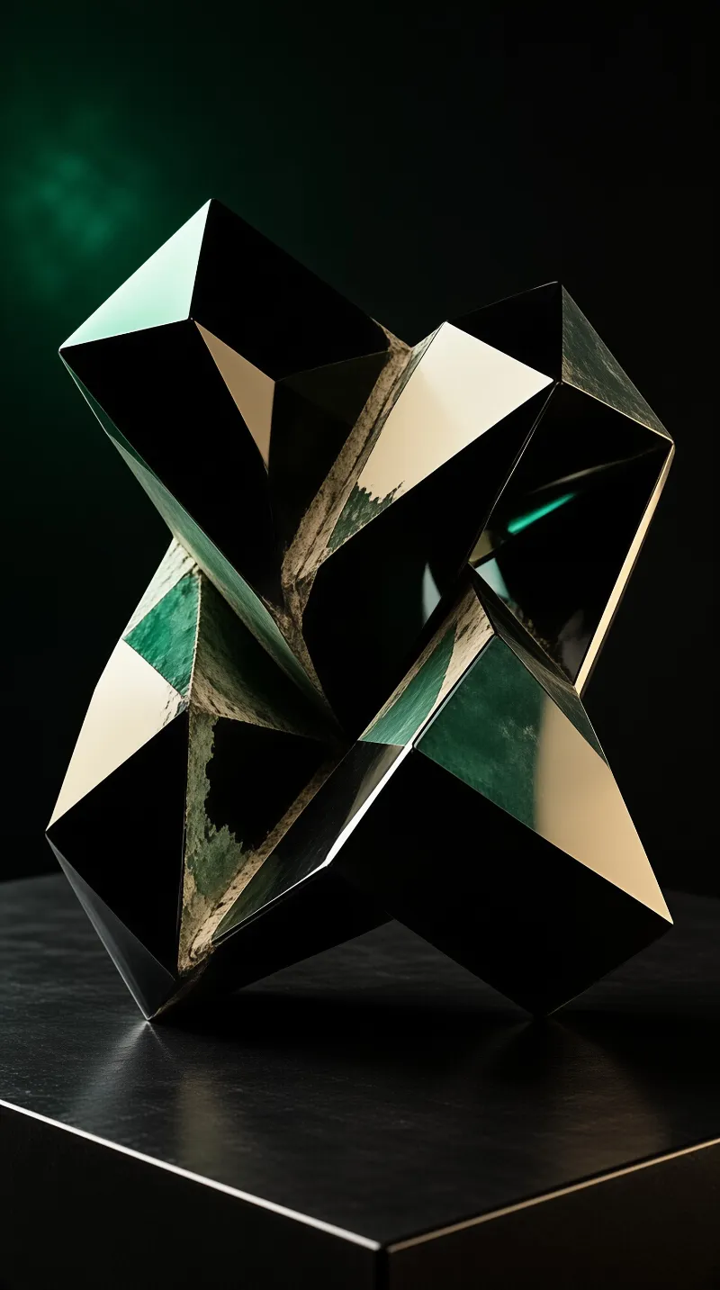 A faceted metallic sculpture sits on a black pedestal reflecting green and gold tones under studio lighting.