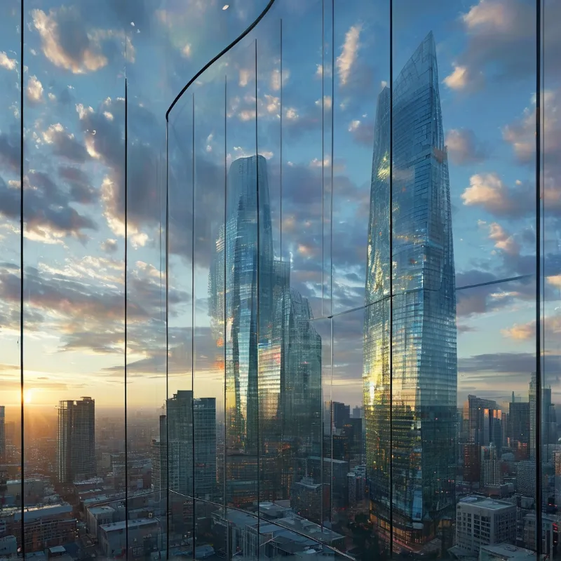 Tall glass buildings stand against a cloudy sky while the sun sets over a dense city below creating warm light