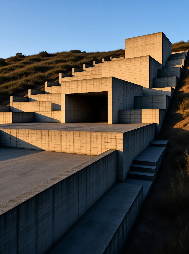 Minimalist concrete architecture integrates with a dry grassy hillside while warm sun highlights its rigid geometric forms.