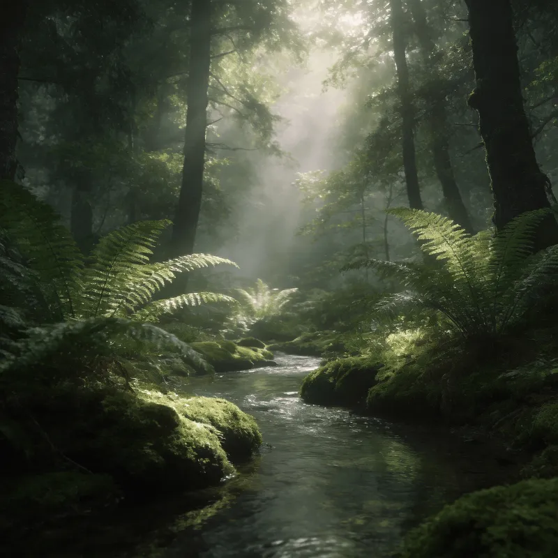Soft Moss and Ferns in Morning Light