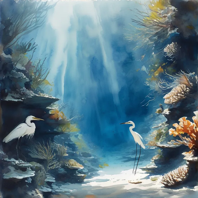 A watercolor painting depicts two white birds standing on rocks amidst blue waves and coral formations.