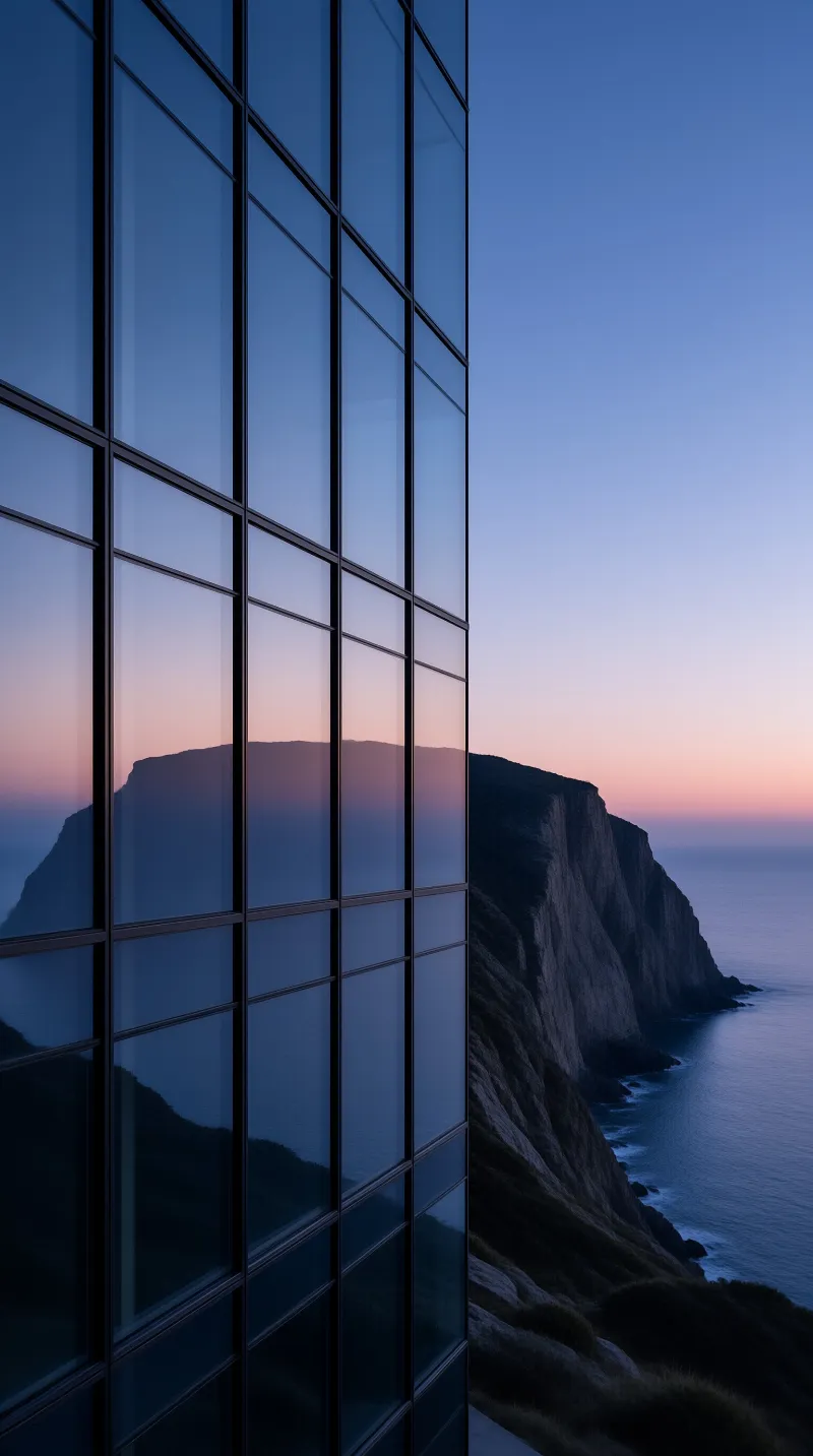 Glass panels reflect a rugged coastal headland and calm ocean beneath a twilight sky shifting from deep blue to pink.