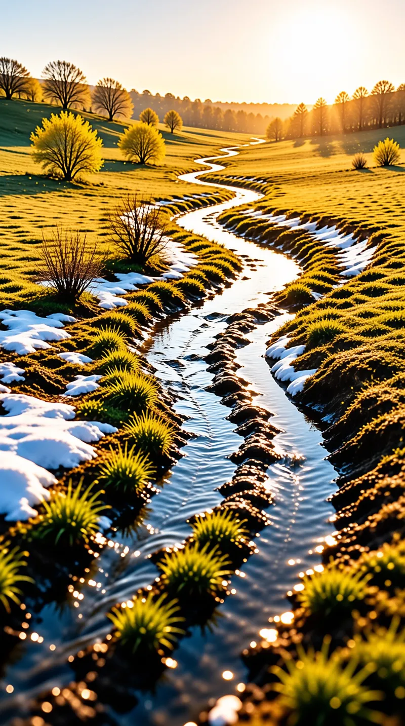 A winding stream reflects sunlight while cutting through grassy banks scattered with patches of snow under a bright sky.