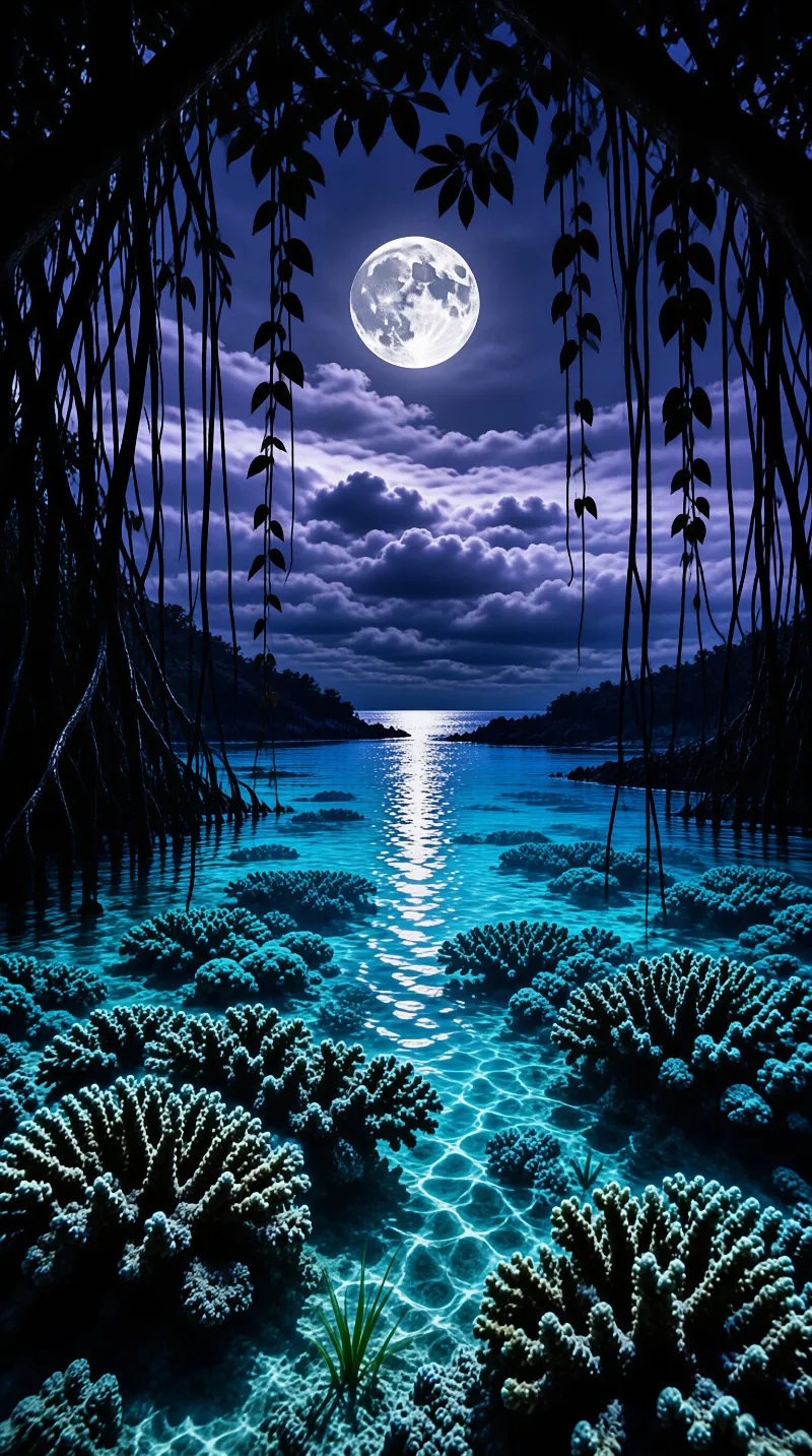 A full moon illuminates a calm ocean with visible coral reefs, framed by dark hanging vines and roots under a purple night sky.