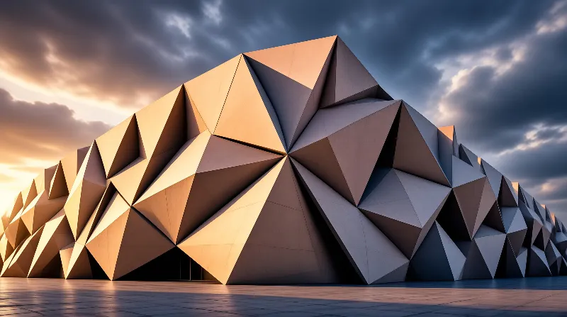 A sculptural building wrapped in sharp triangular panels glows gold and gray beneath a dramatic cloudy evening sky.