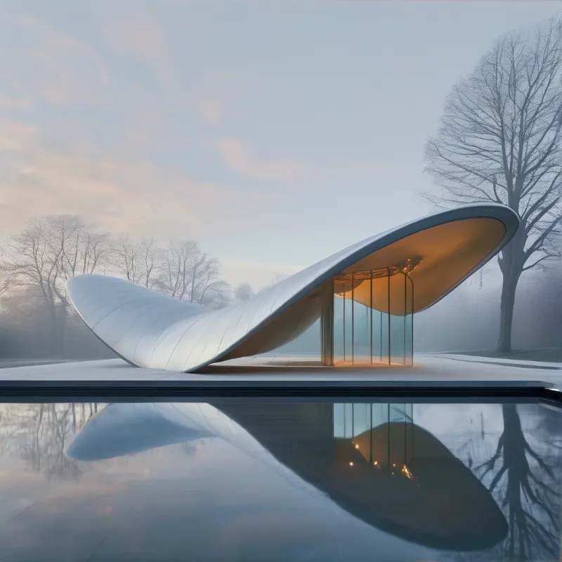A sleek white structure with warm lighting stands beside calm water mirroring its form and surrounding bare trees in fog.