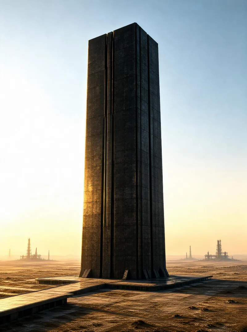 Tall Black Tower in Desert Landscape
