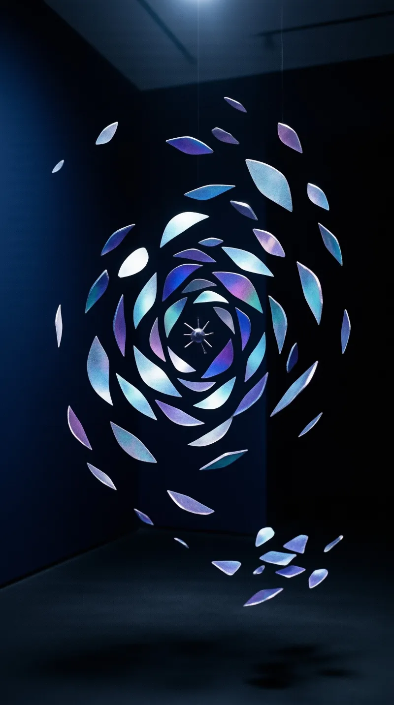 Translucent petals form a swirling vortex around a tiny star in a dark gallery space.