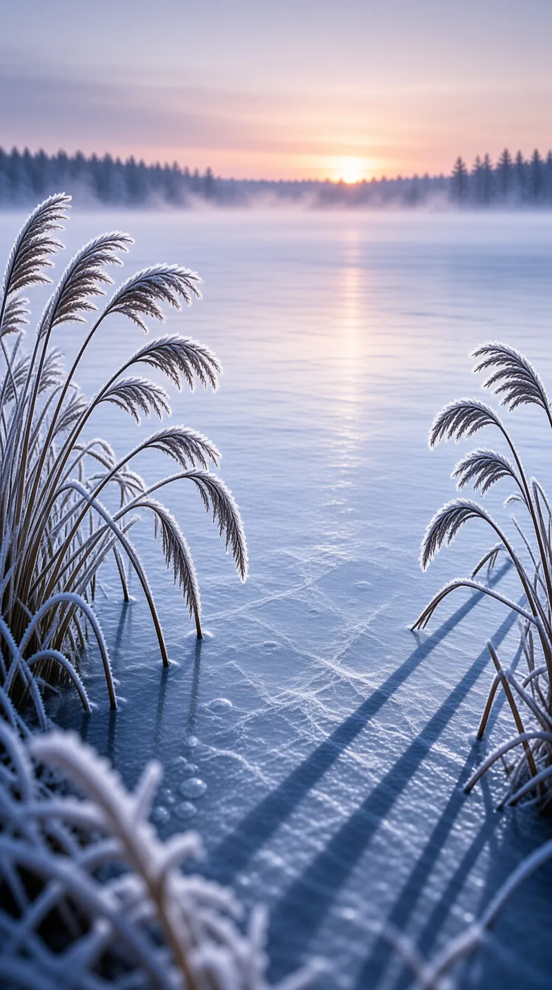Snowy plumed reeds arch over cracked blue ice as a pale sun rises through mist above a far line of frosted pines.