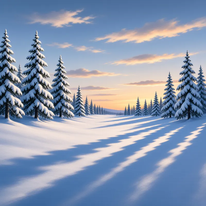 Snow covered evergreen trees frame a snowy meadow with long blue shadows under a sky glowing orange and pink at sunset.
