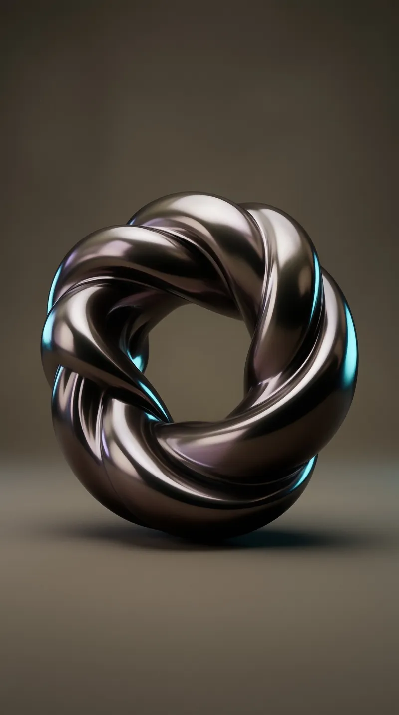 A polished metallic loop twists into a continuous knot shape while sitting on a plain surface with bright cyan reflections.