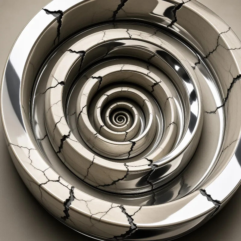Nested circles of polished stone descend toward a central vortex, each rim split by dark jagged fissures.