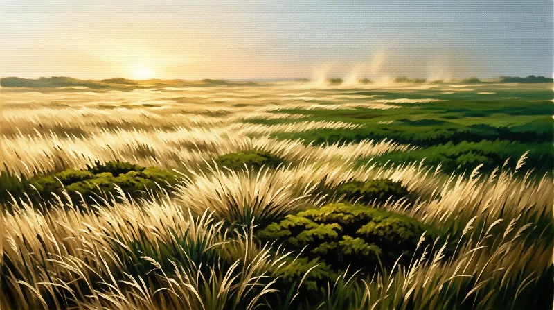 Warm sunrise lights grassy plains dotted with low green shrubs, tall pale reeds fill foreground to hazy far flats.