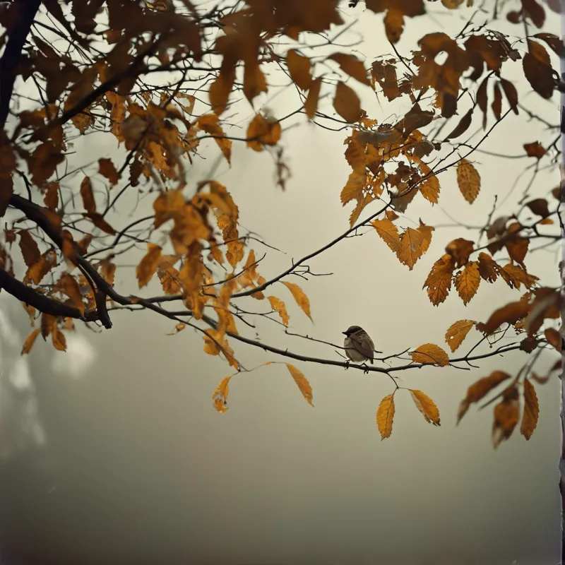 A tiny bird rests on a slender branch amidst dry orange foliage under a muted foggy atmosphere.
