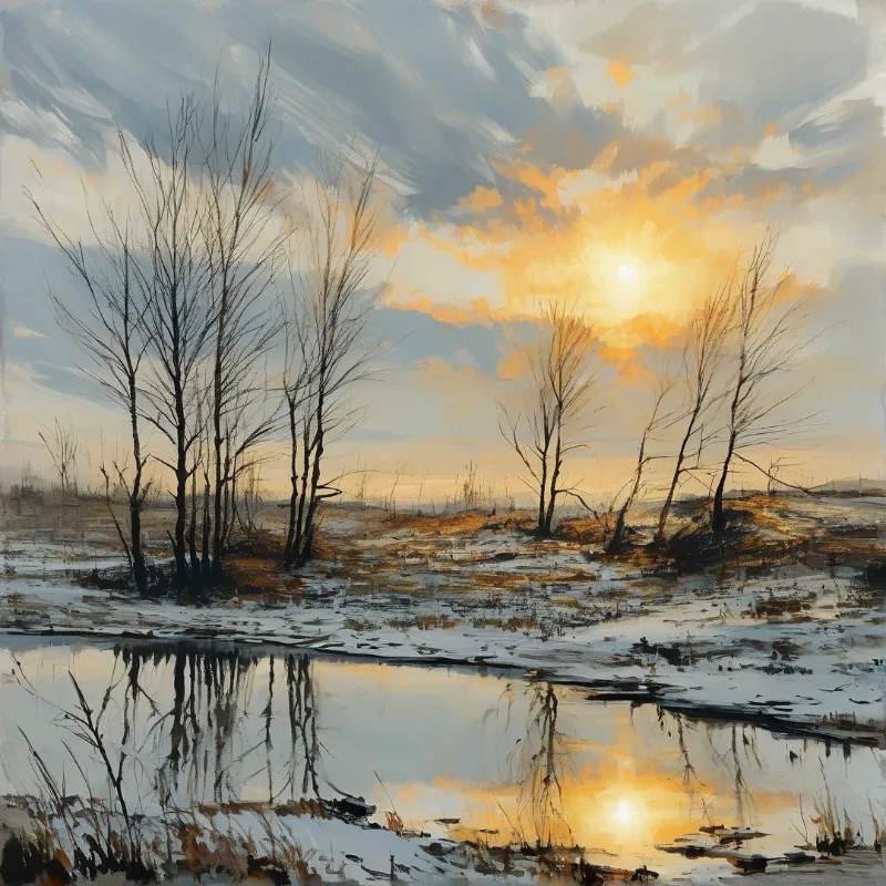 A loose painterly winter scene shows leafless trees and a low sun mirrored in a still meltwater pond.