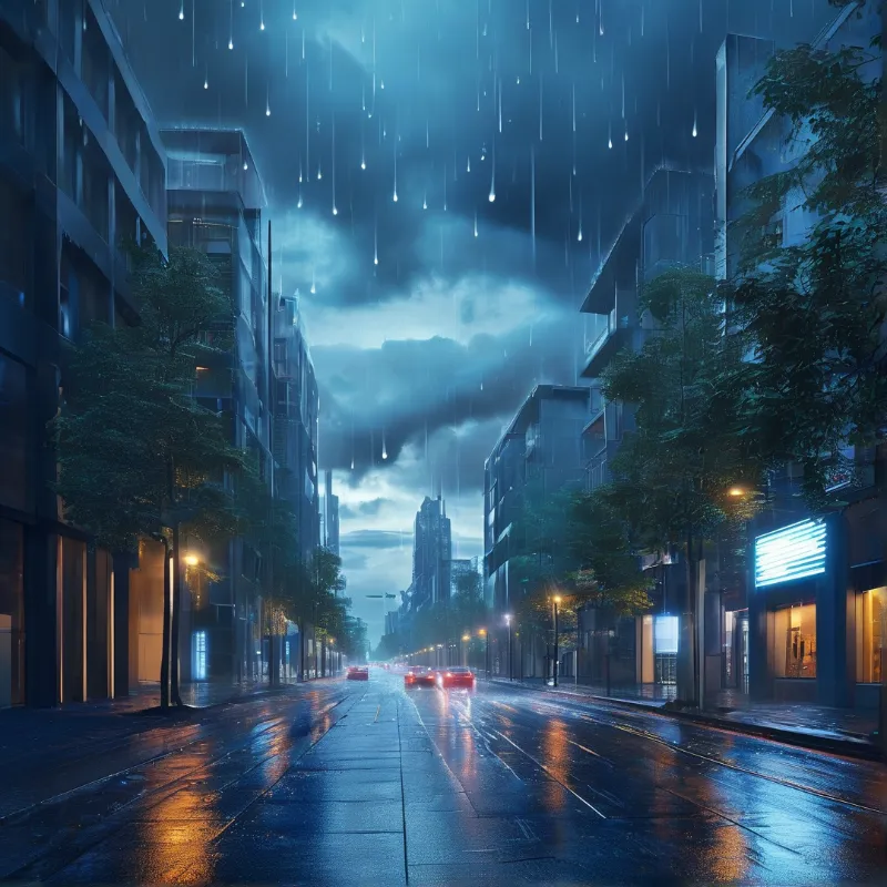 Wet urban avenue reflecting streetlights and car taillights during a downpour under a cloudy blue sky.
