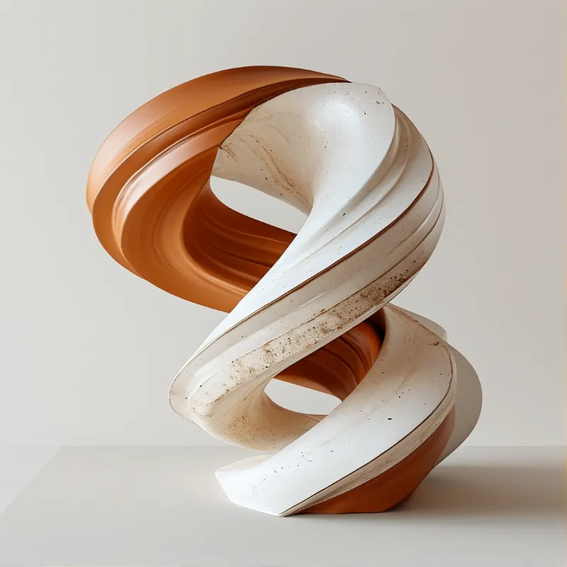A ribbon of two-tone clay loops upward in a helix, cream glaze chipped to reveal burnt orange body.