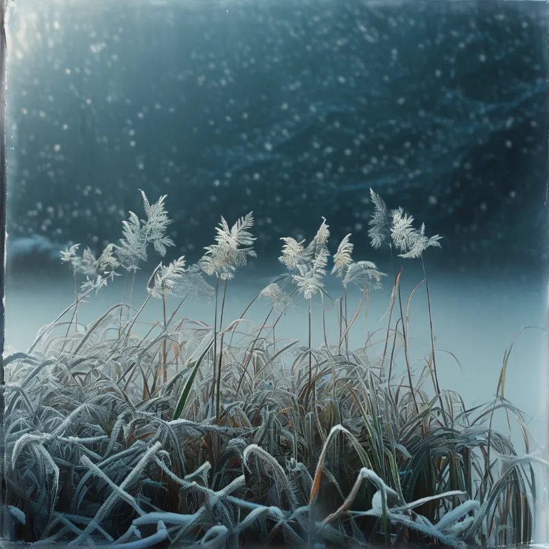 Tall grasses coated in delicate frost stand out against a soft blue background filled with bokeh light.
