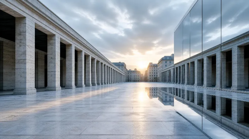 Symmetrical Colonnade with Mirror Reflections