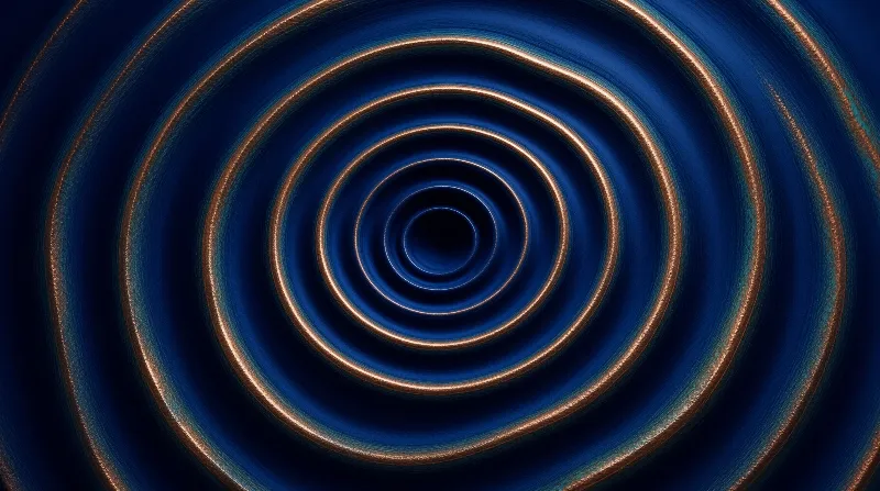 Concentric deep blue ridges with glistening copper edges recede into a small dark center forming a tunnel shape.