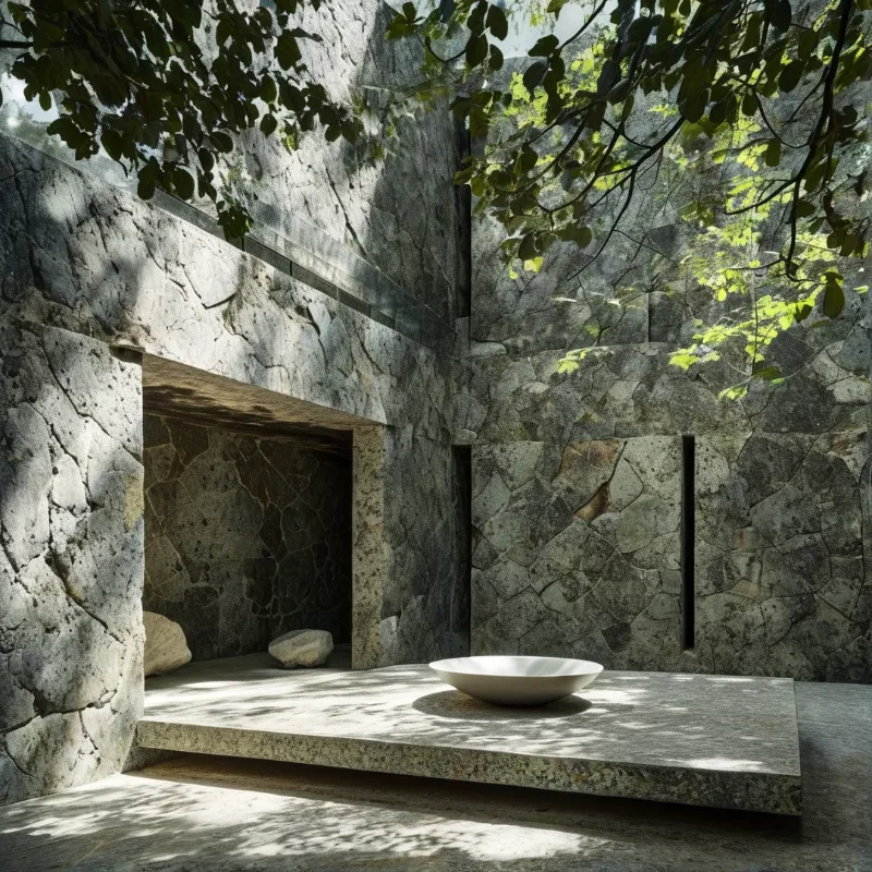 A white bowl sits on a low stone platform in a shaded courtyard, lit by sunlight filtering through leaves.
