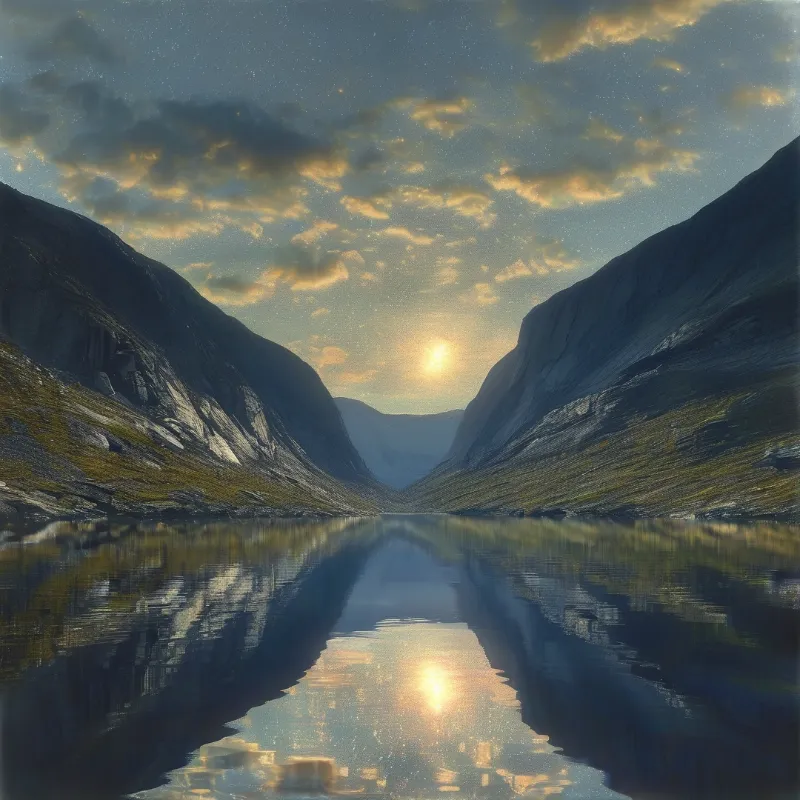 Steep dark mountains frame a central lake that mirrors the glowing sun and scattered clouds above.