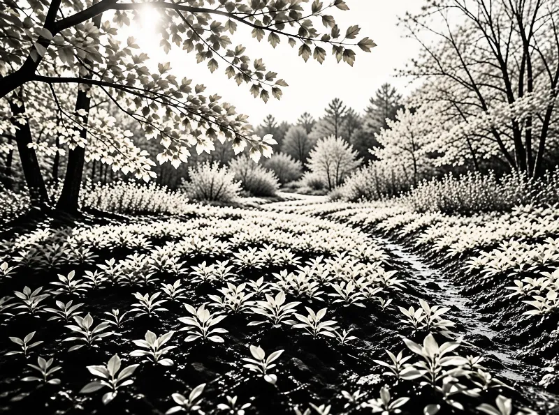 Rows of pale seedlings glow against dark soil beneath trees lit like infrared film under a shining sun.