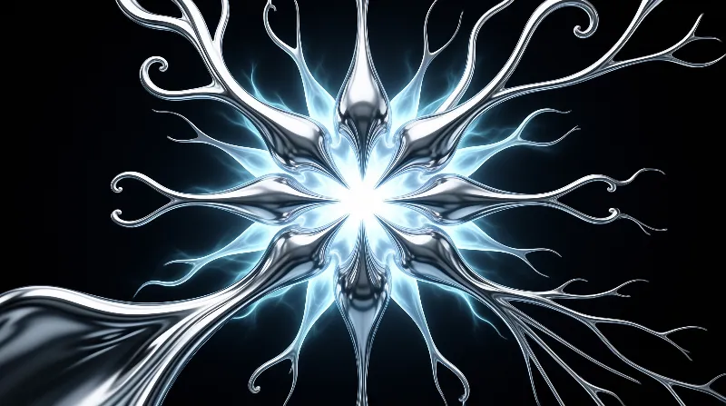 A silver structure with tentacle-like extensions radiates outward from a blinding center surrounded by darkness.