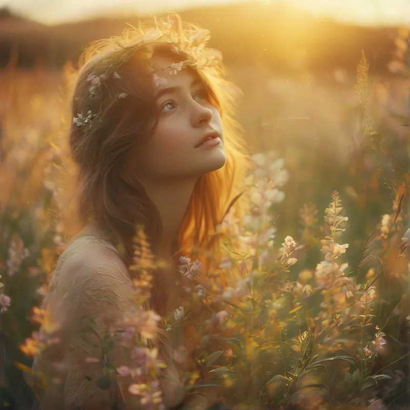 A young woman with a flower crown gazes upward while standing among blooming wildflowers under warm golden sunset light.