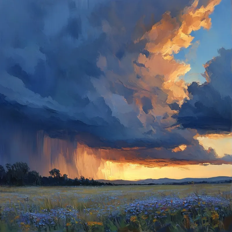 Heavy dark clouds hang over a sunlit grassy field scattered with small purple and yellow blooms near the horizon