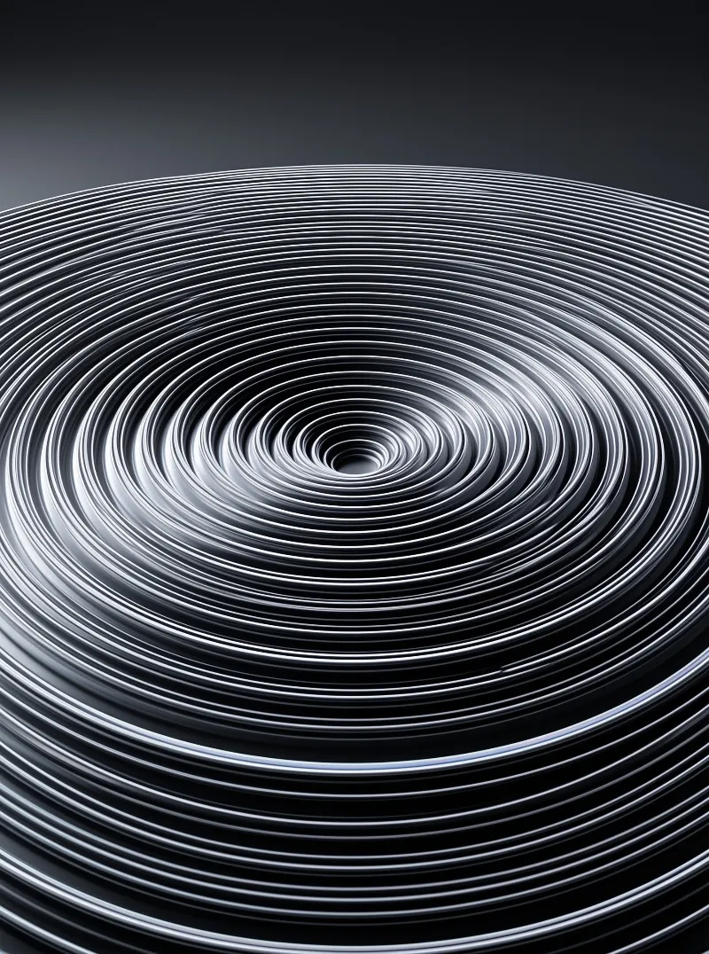 Silver rings spiral inward toward a dark center, creating a deep tunnel effect with high contrast lighting.