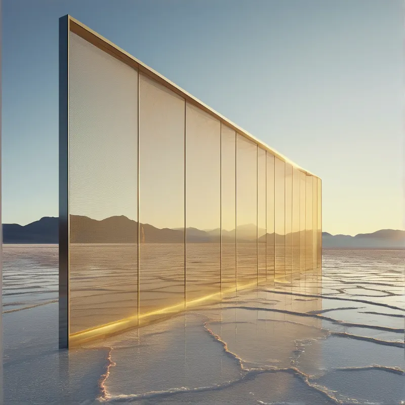 Translucent golden wall on cracked salt flat at sunrise, hazy mountains in the distance, bright glow at the wall base.
