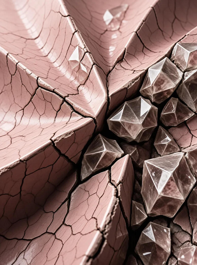 Pale pink ceramic plates crack apart to reveal faceted translucent crystals in the gap.