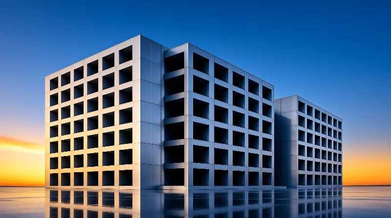 Three geometric structures stand in shallow water under a blue sky with orange sunset light reflecting on the surface.