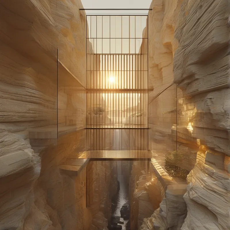 A modern glass building stands within a narrow rocky gorge as bright sunlight filters through vertical bars.