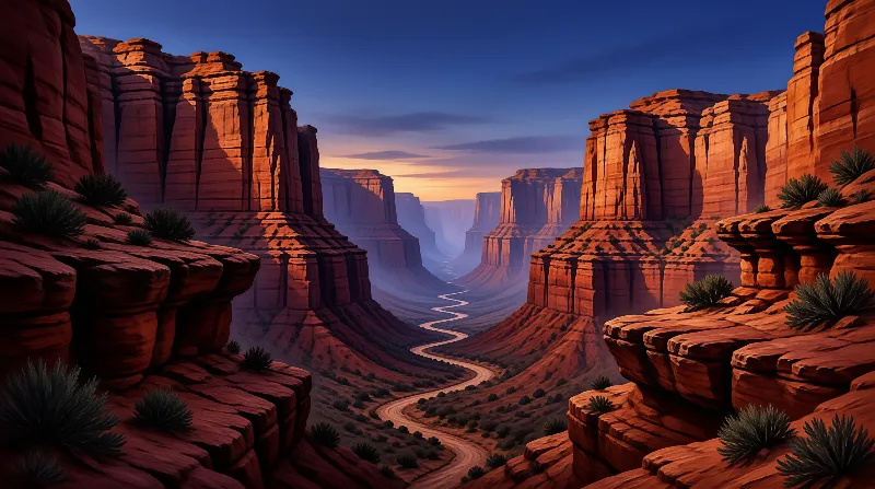 Vertical sandstone cliffs frame a meandering waterway winding through the arid valley floor.