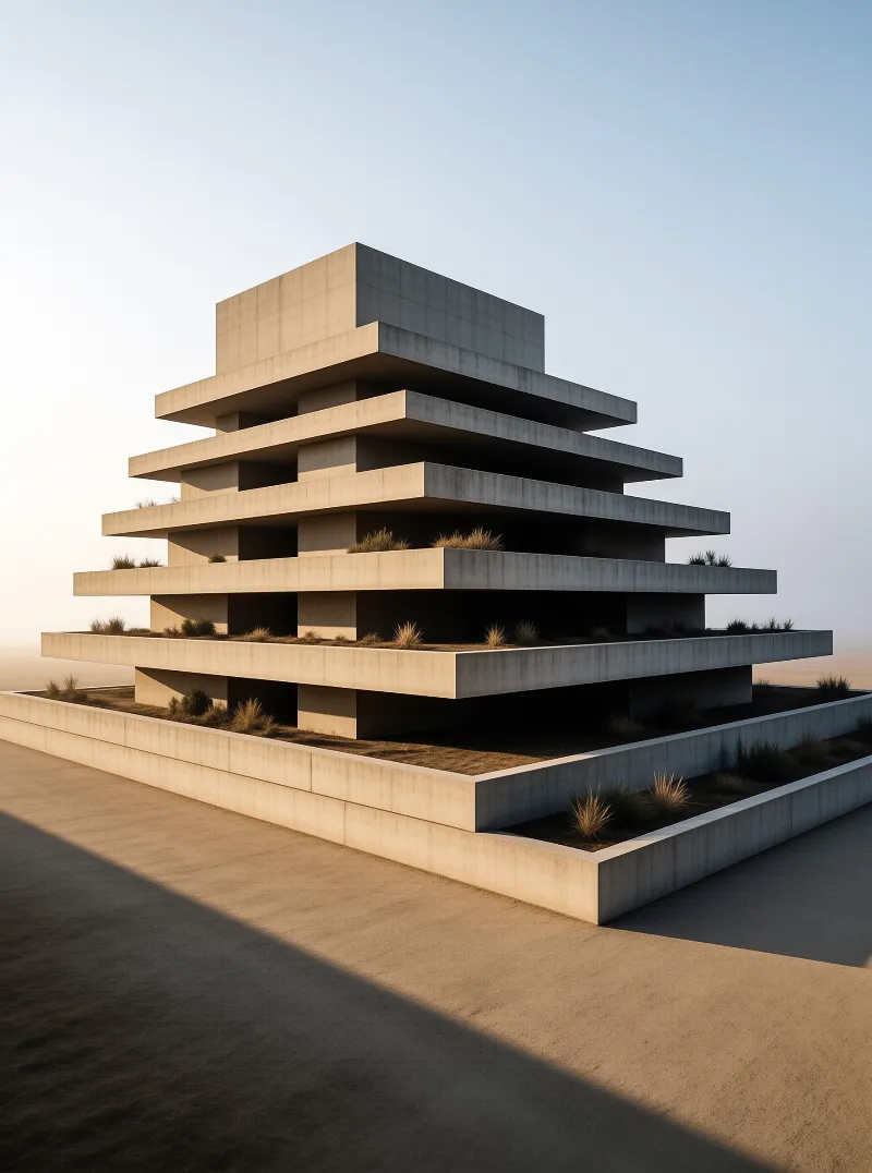 A stepped concrete structure rises from a flat sandy desert floor, illuminated by low angle sunlight casting long shadows.