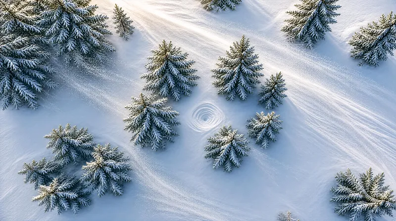 Aerial View of Snowy Forest