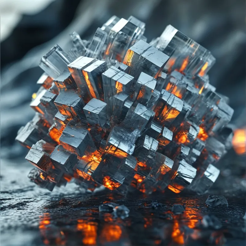 A cluster of angular transparent crystals sits on a dark surface illuminated by bright orange firelight from within.