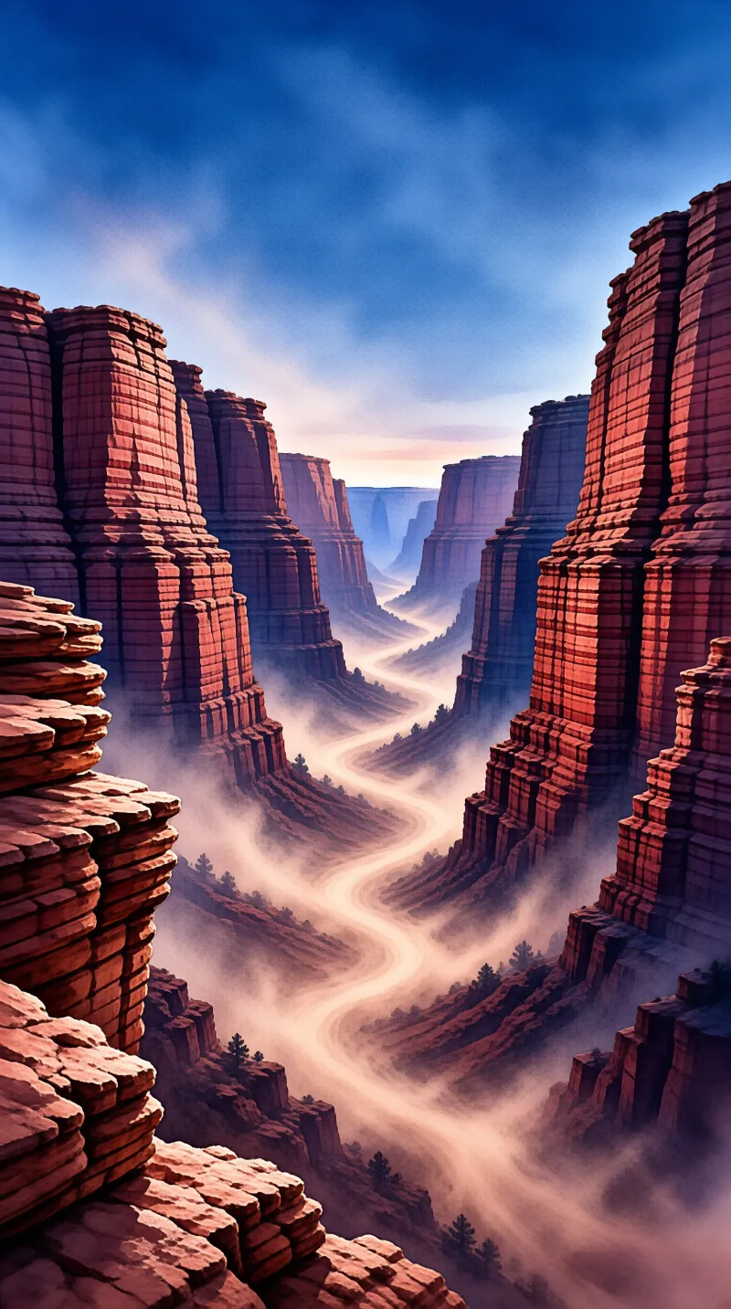 A deep red sandstone canyon with layered cliffs towers above a winding river shrouded in morning mist beneath a deep blue sky