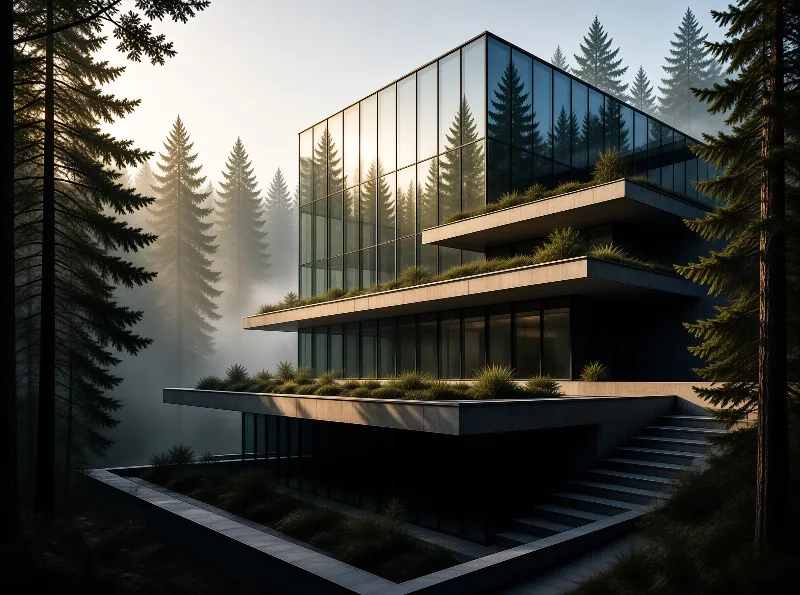 A boxy glass house with planted terraces stands among fog-wrapped pines as soft morning sun filters through the trees.