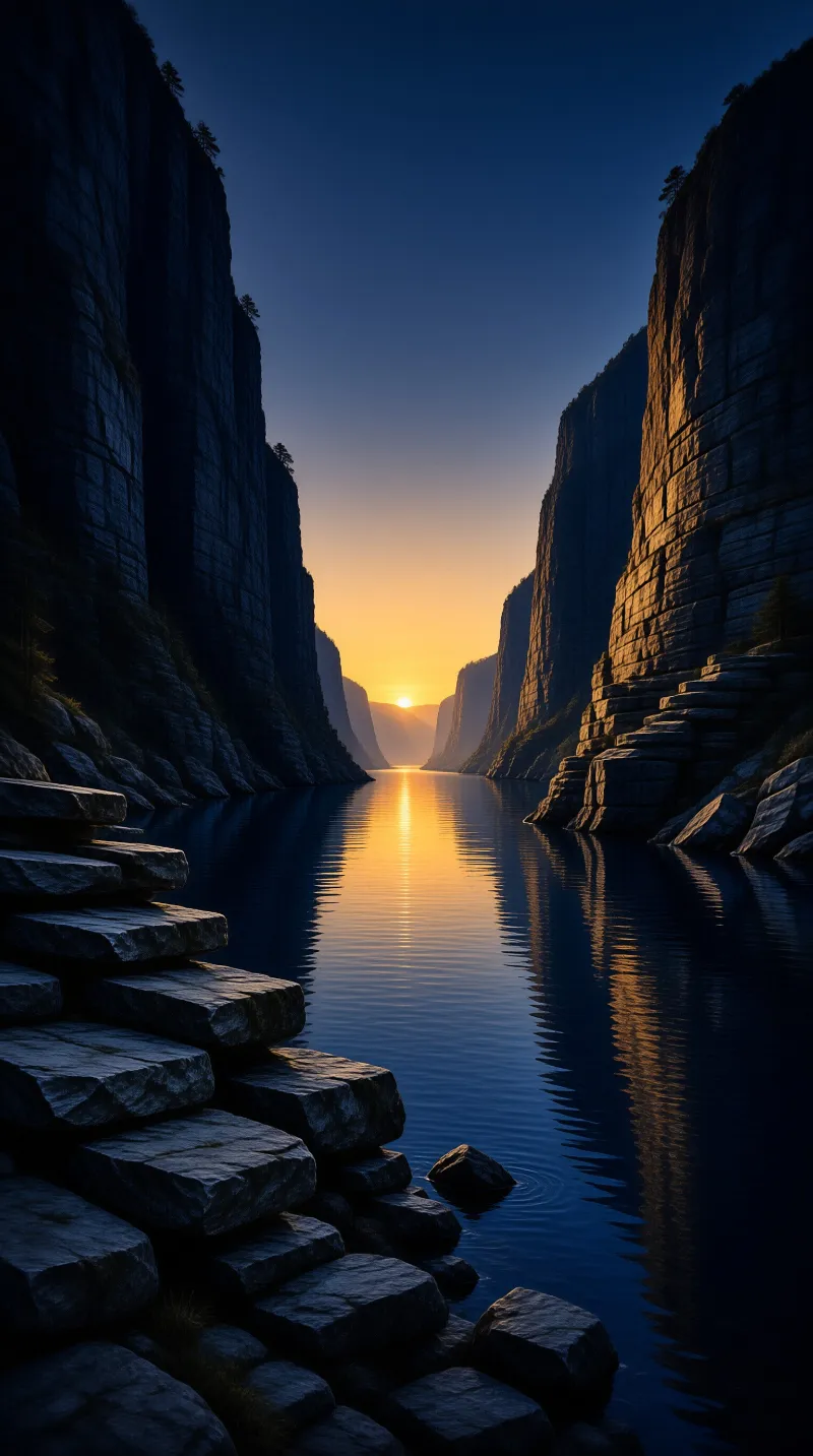 Sunset glows over a narrow gorge between sheer dark cliffs, casting a bright golden reflection across the still river below.
