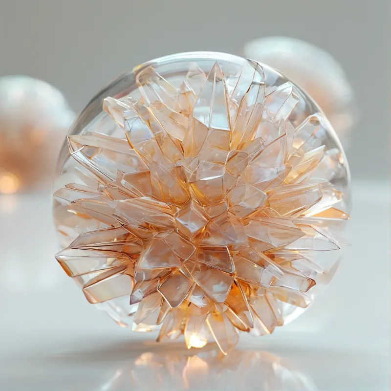 A clear glass ball containing amber crystals sits on a white surface with blurred spheres behind.