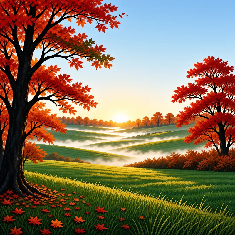 Illustrated scarlet maples frame rolling green fields where low fog gathers between hedgerows at sunrise