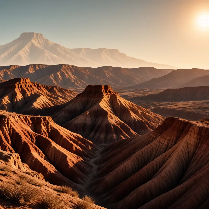 Reddish brown eroded hills stretch across a dry valley while bright sunlight casts shadows from the upper right corner.