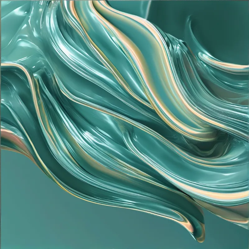 Turquoise and champagne metallic fluid ribbons catch light along glossy curves against a matching background.