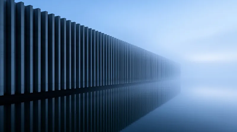 Vertical dark pillars recede into blue fog, casting a sharp reflection on the calm water surface.