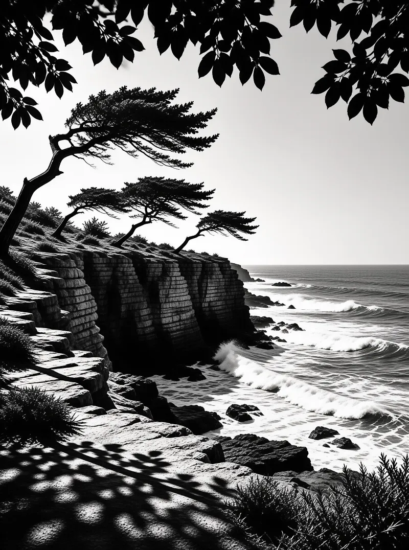 Cypress Cliffs on a Monochrome Coast Landscape