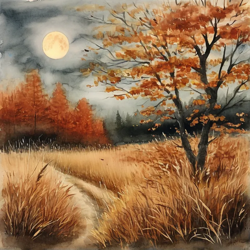 Loose watercolor washes turn a golden meadow and copper trees silvery under a low harvest moon in grey cloud.